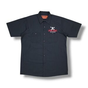 Lethal Threat Motorgear Large Skull Embroidered Black Button Up Shirt Men's L